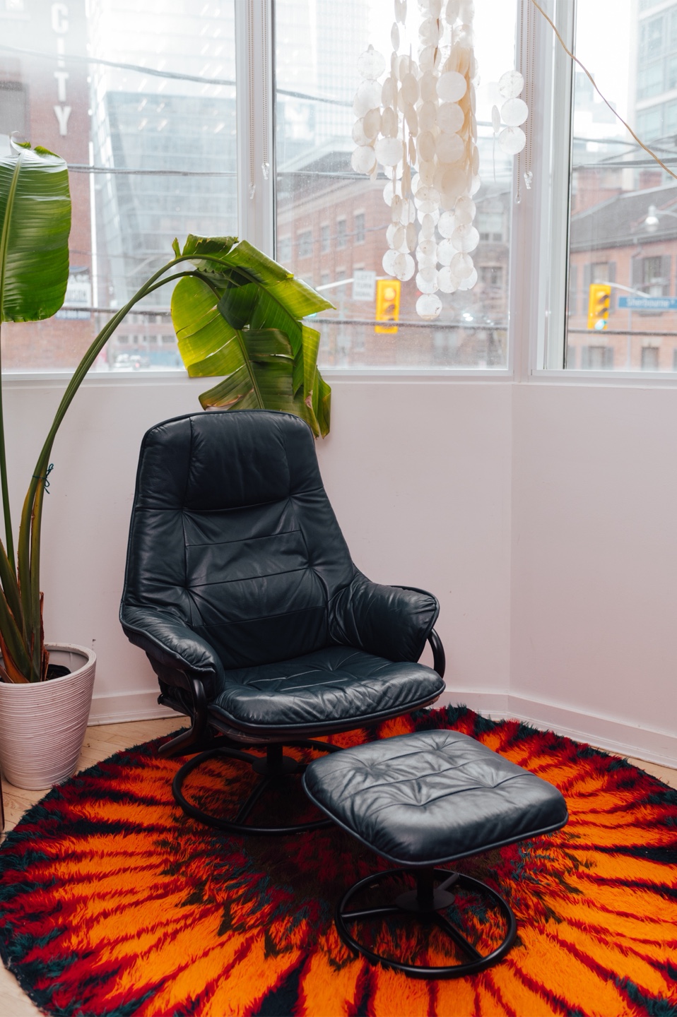 1970’s Scandinavian-Style Leather Swivel Chair with Ottoman