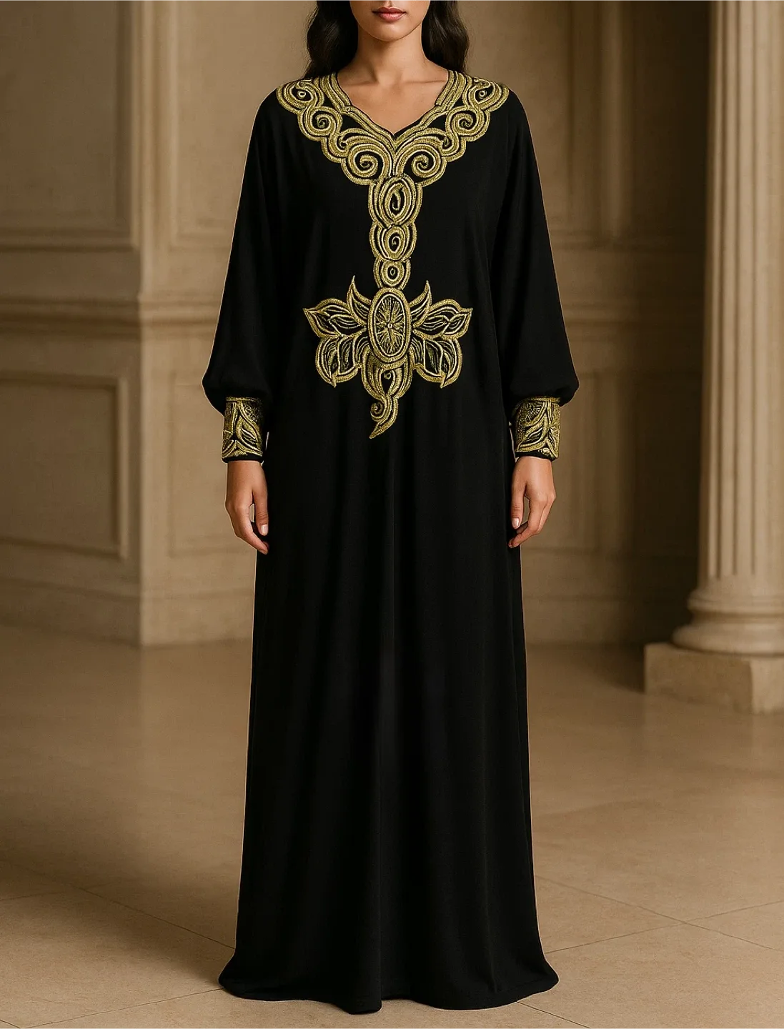 Black & Gold Embellished Dubai Kaftan – Couture Evening Abaya