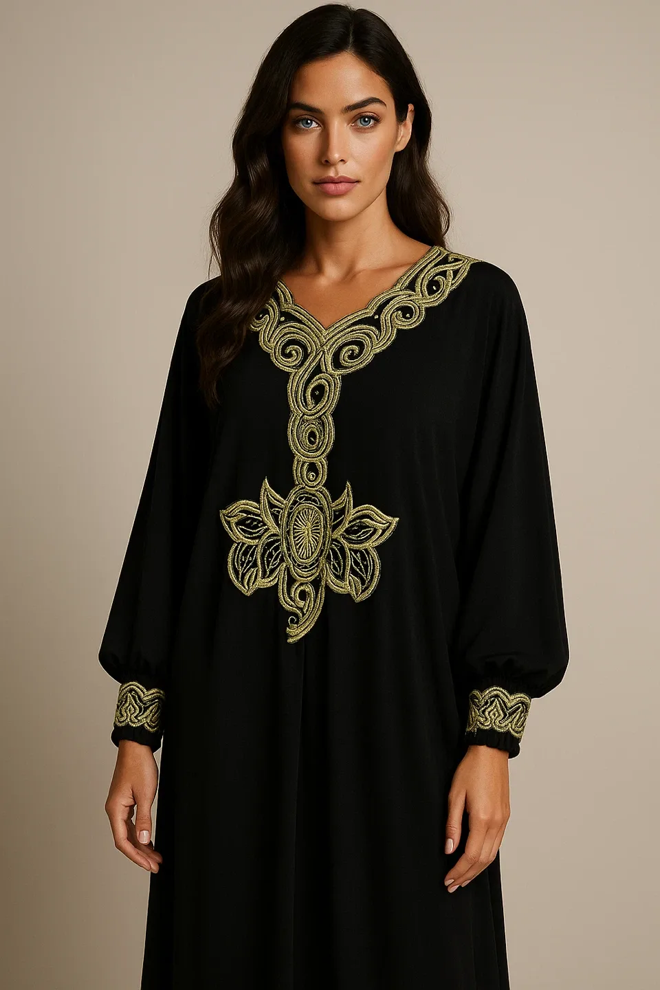 Black & Gold Embellished Dubai Kaftan – Couture Evening Abaya image indicator(2)