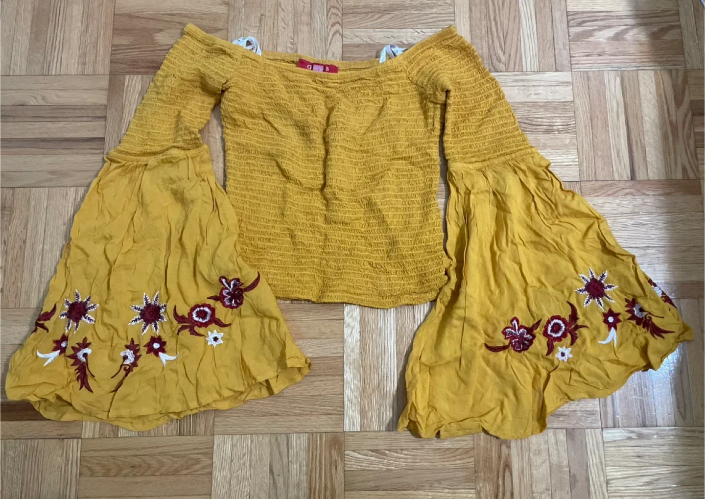 Guess Yellow Smocked Top with Bell Sleeves