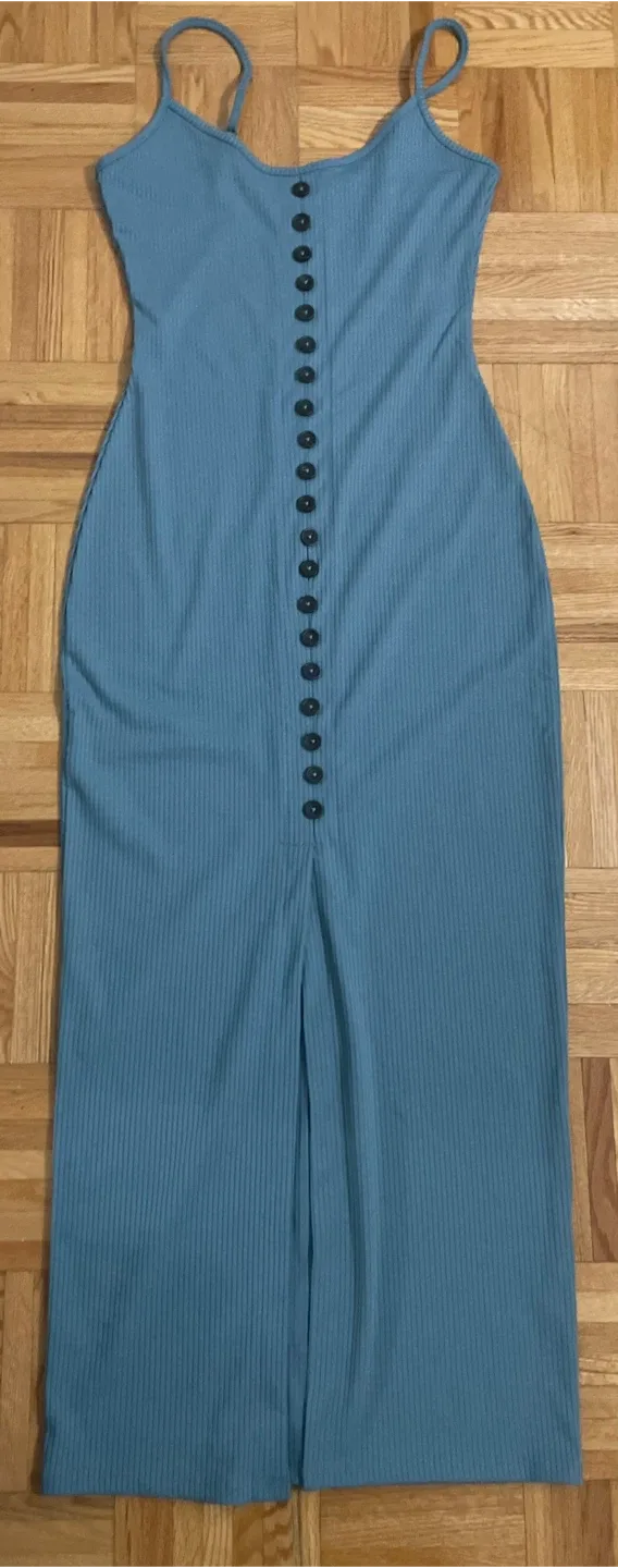 Blue Ribbed Button-Down Dress