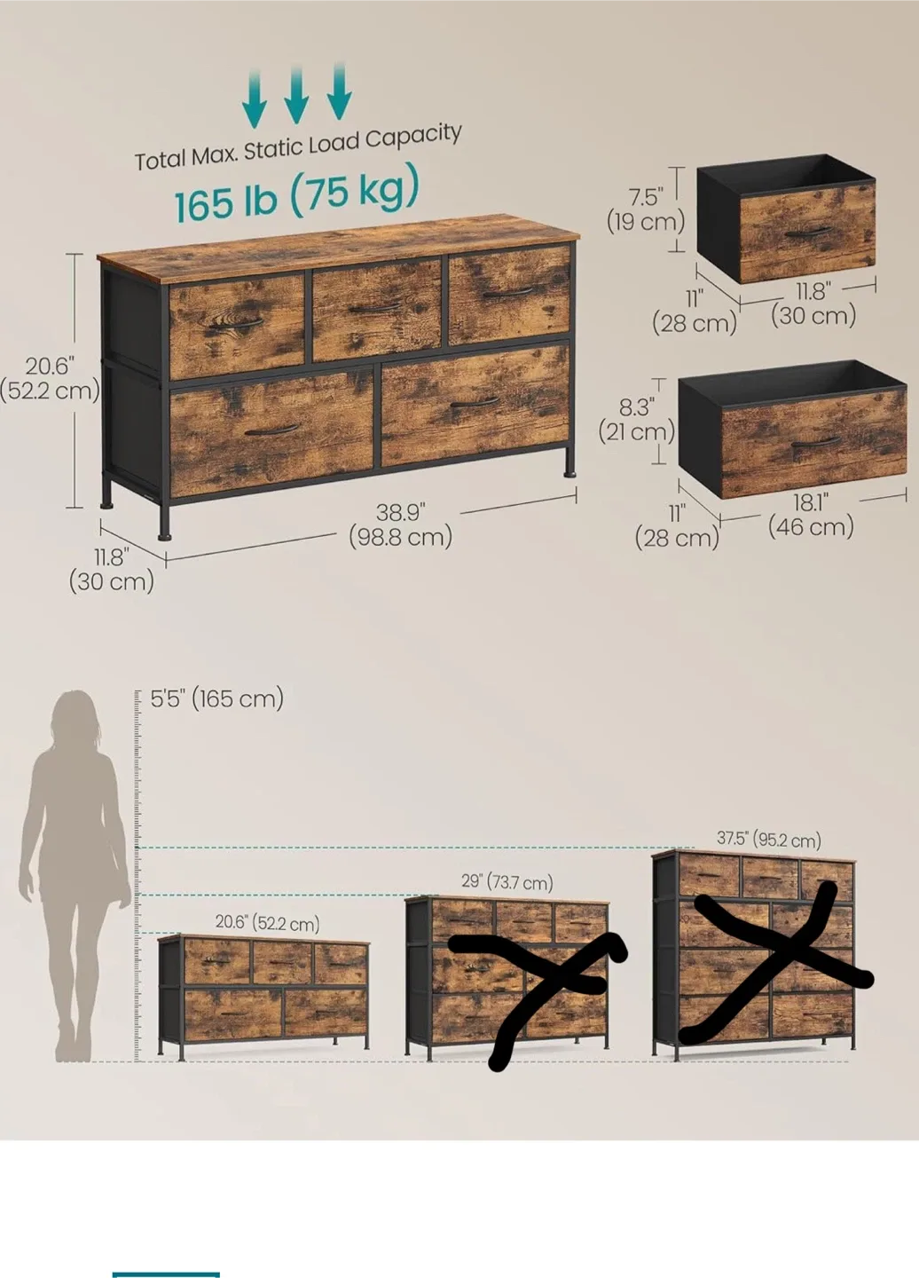 Fabric Dresser with 5 Drawers- Rustic Brown image indicator(2)