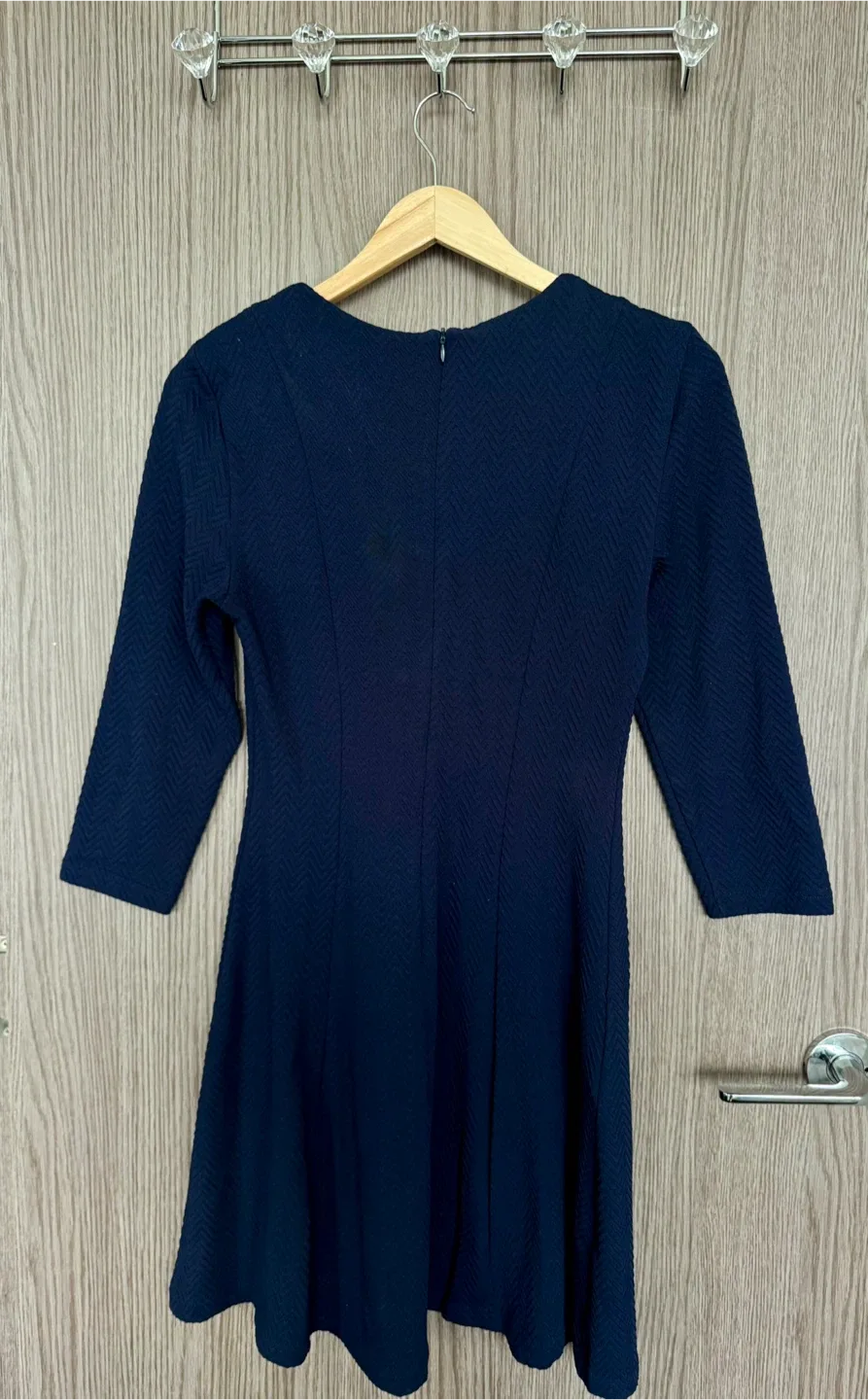 Navy Fit-and-Flare Knit Dress + Black Polka-Dot Cardigan image indicator(6)