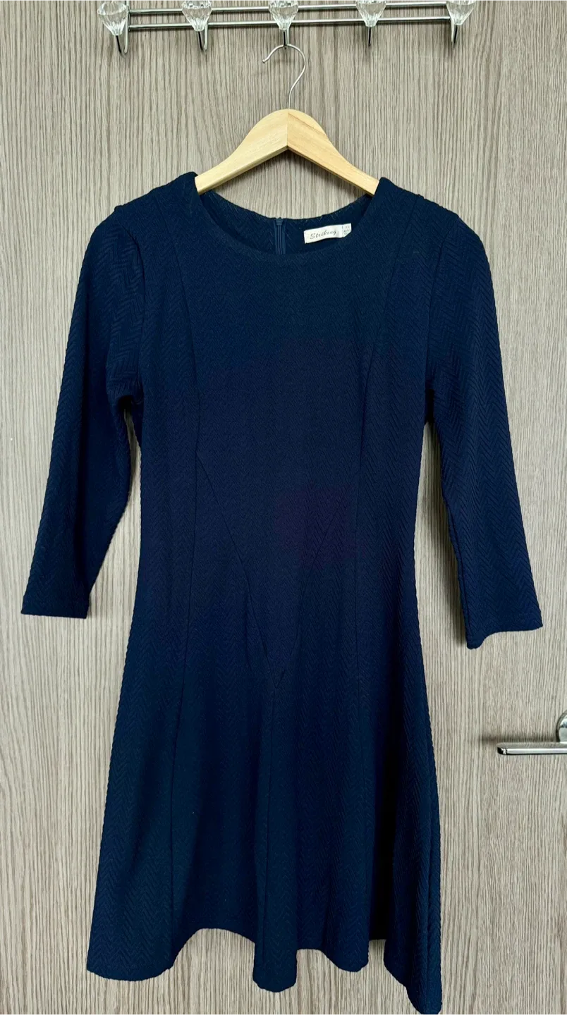 Navy Fit-and-Flare Knit Dress + Black Polka-Dot Cardigan image indicator(5)