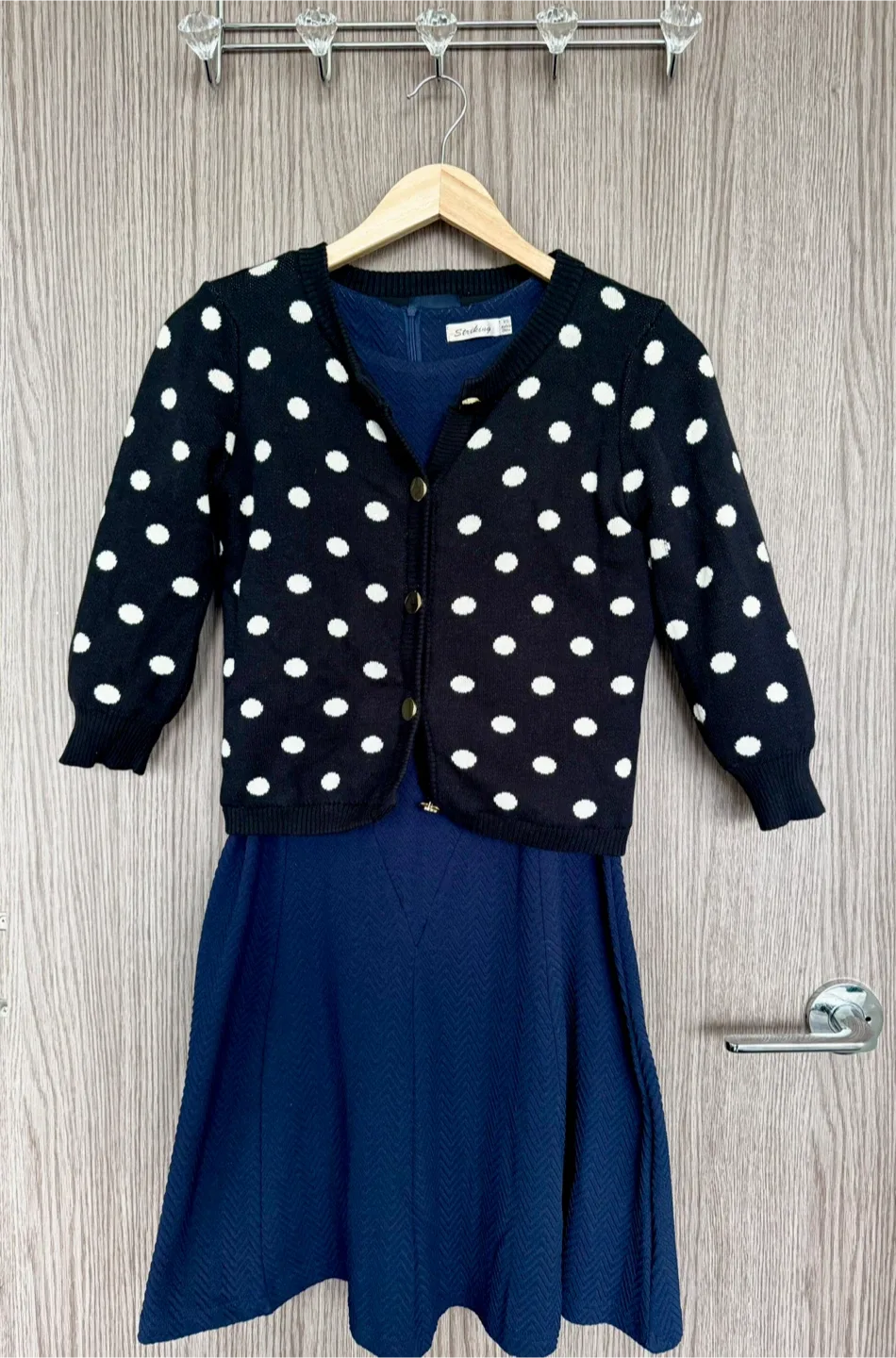 Navy Fit-and-Flare Knit Dress + Black Polka-Dot Cardigan image indicator(2)
