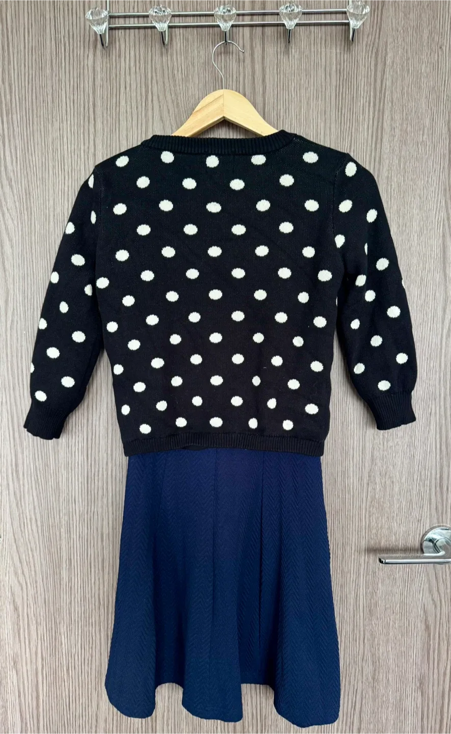 Navy Fit-and-Flare Knit Dress + Black Polka-Dot Cardigan image indicator(4)
