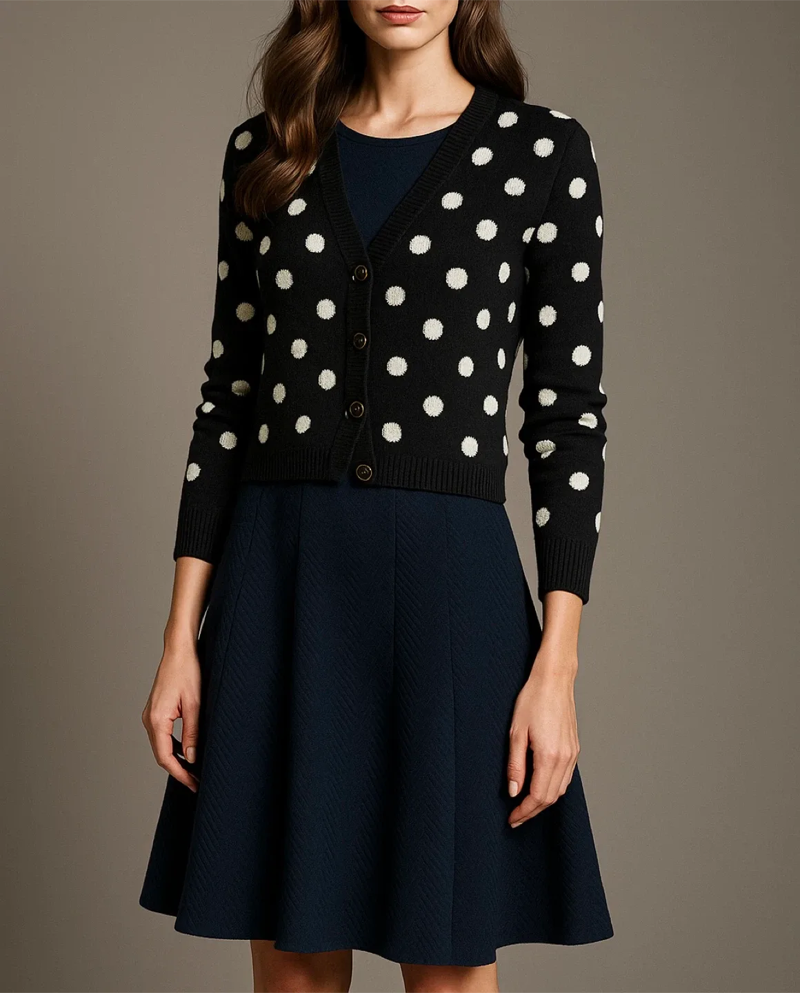 Navy Fit-and-Flare Knit Dress + Black Polka-Dot Cardigan