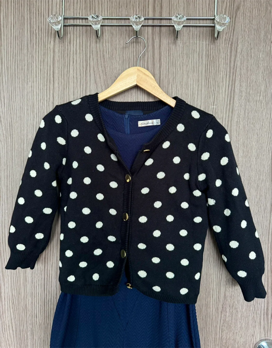 Navy Fit-and-Flare Knit Dress + Black Polka-Dot Cardigan image indicator(3)