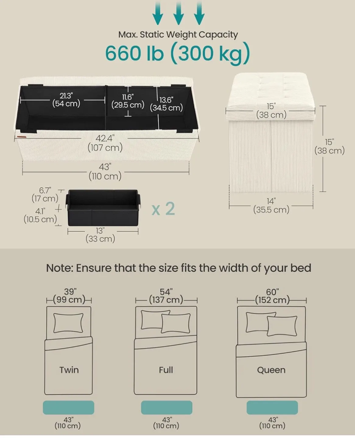 Cream White corduroy Storage Ottoman Bench image indicator(2)