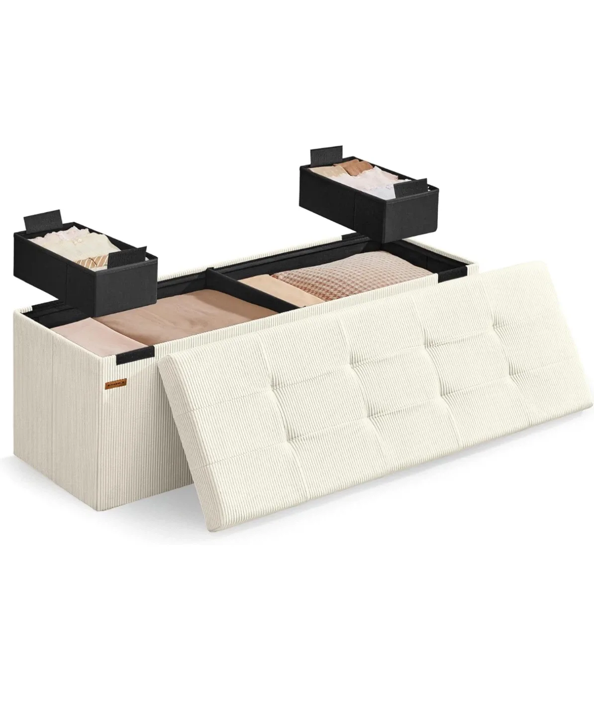 Cream White corduroy Storage Ottoman Bench