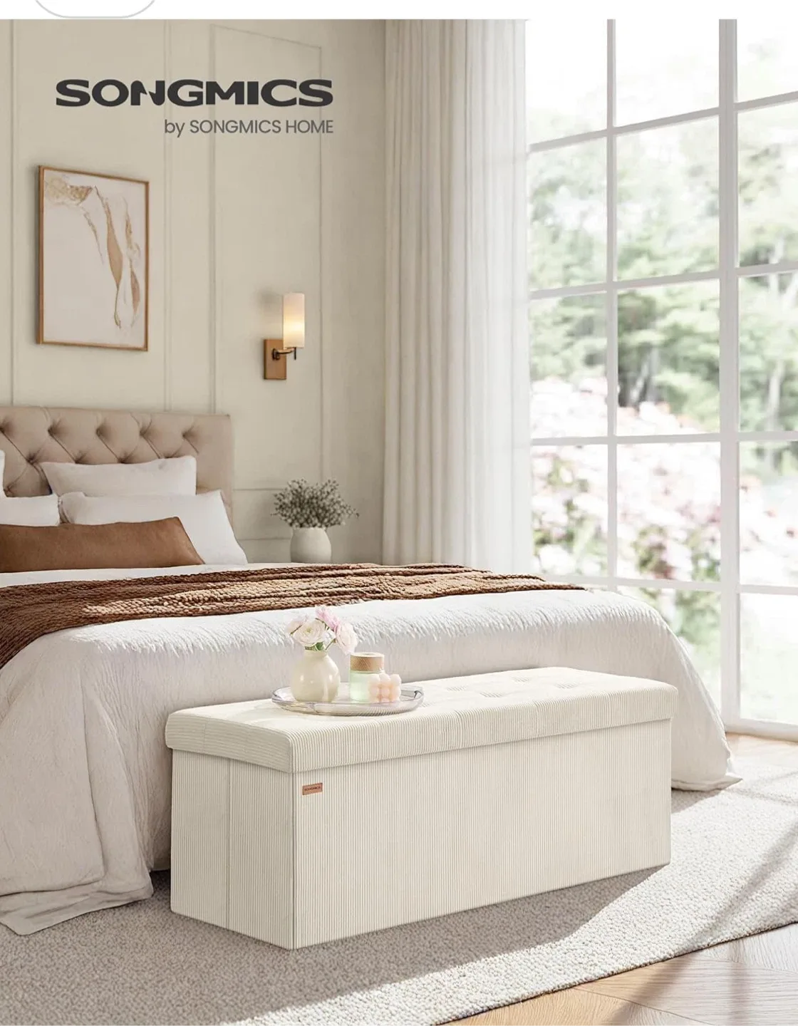 Cream White corduroy Storage Ottoman Bench image indicator(3)