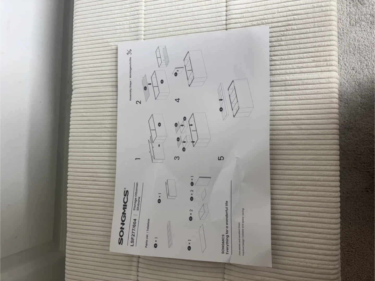 Cream White corduroy Storage Ottoman Bench image indicator(5)