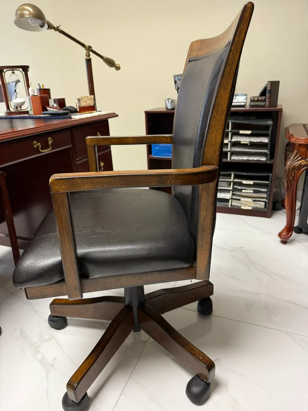 Wooden Office Chair with Black Leather