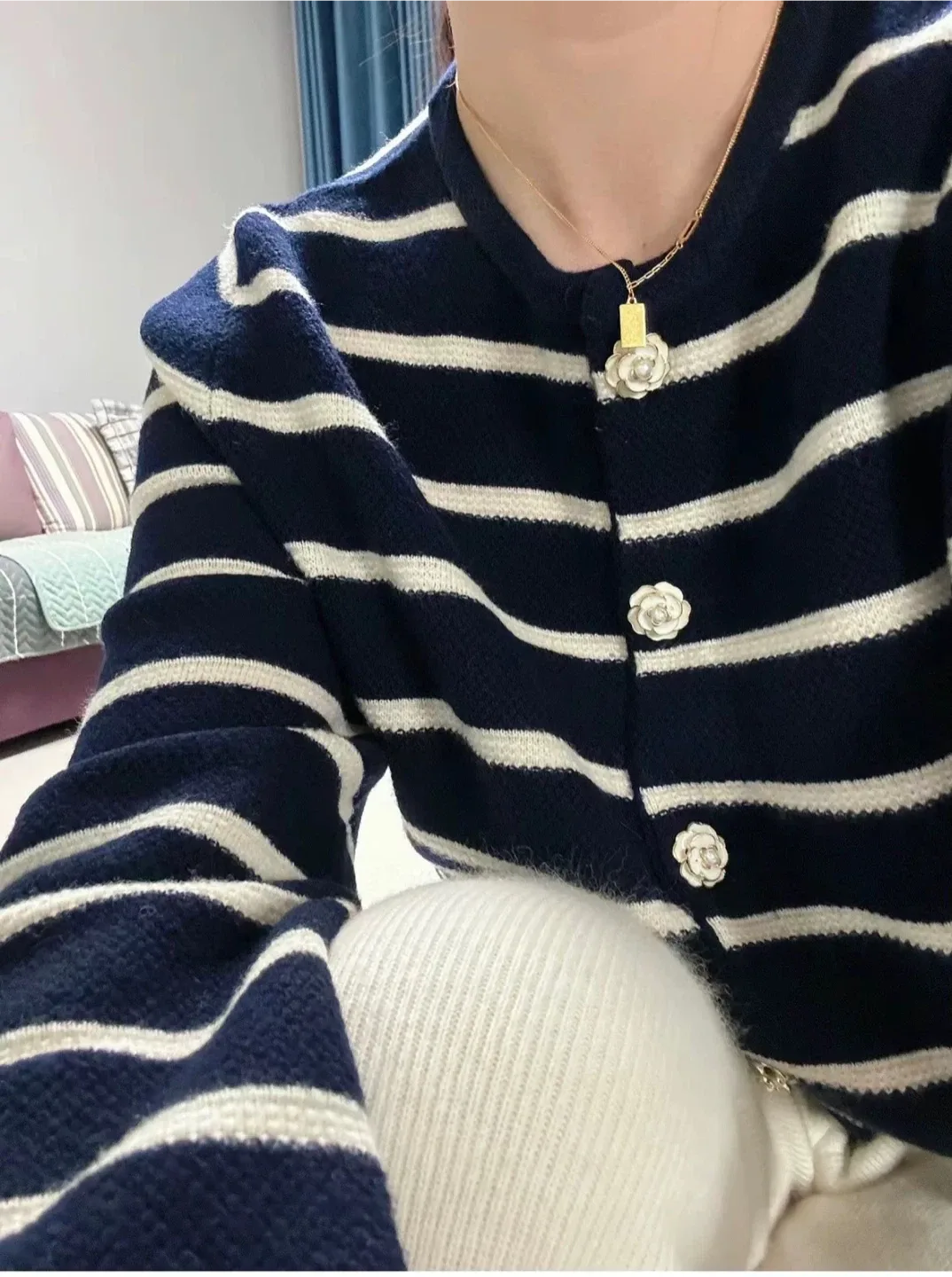 New Striped Cardigan with Flower Buttons image indicator(5)