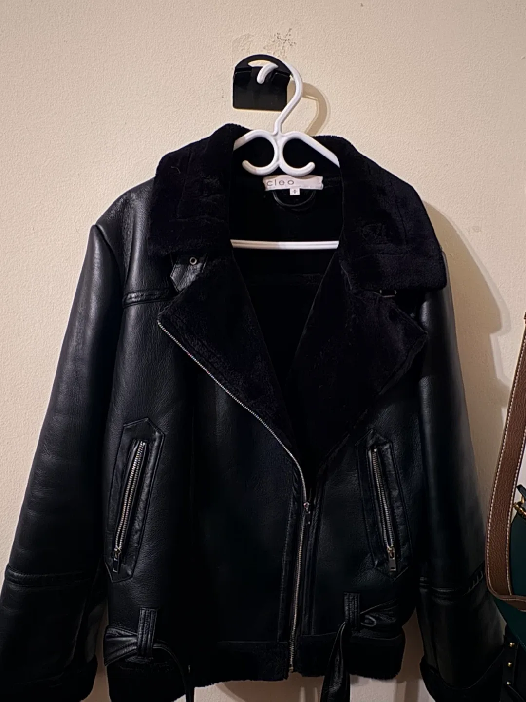 Cleo Black Faux Leather Aviator Jacket - Size M