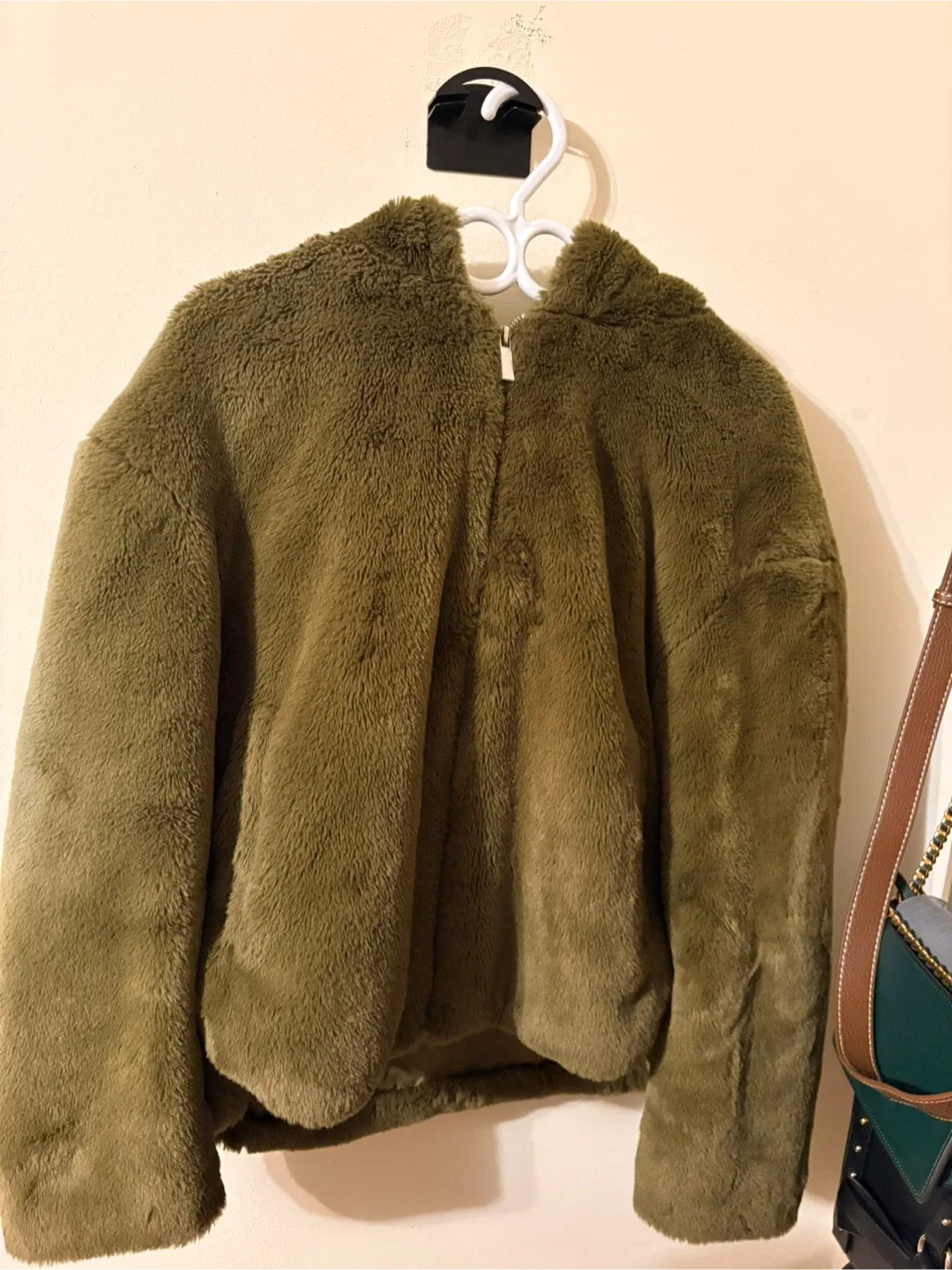 Zara Faux Fur Olive Green Hooded Jacket - Size S