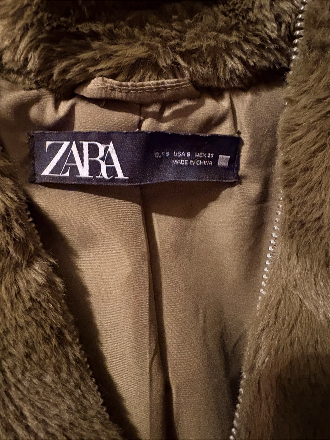Zara Faux Fur Olive Green Hooded Jacket - Size S - photo 2