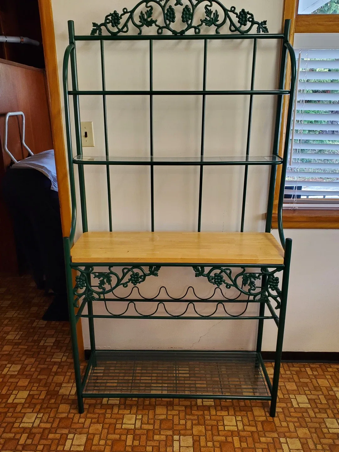Green Metal Bakers Rack with Wood Shelf