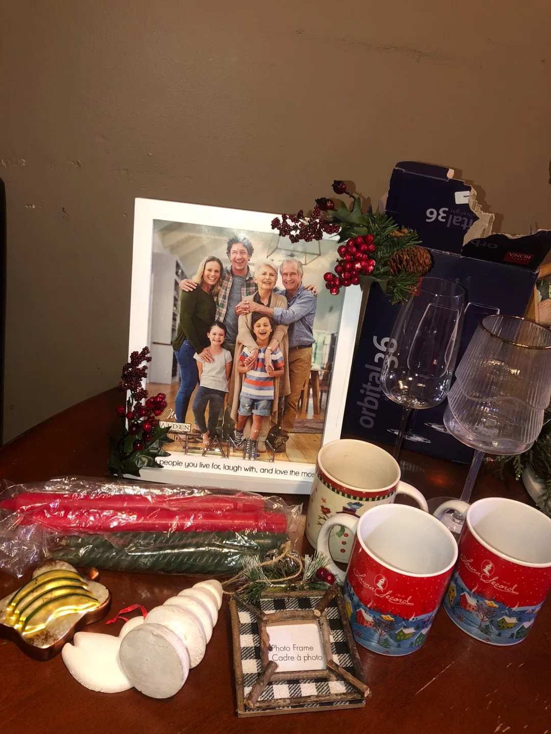 Christmas LOT: Picture Frames, Mugs, Wine Glasses, Candles etc
