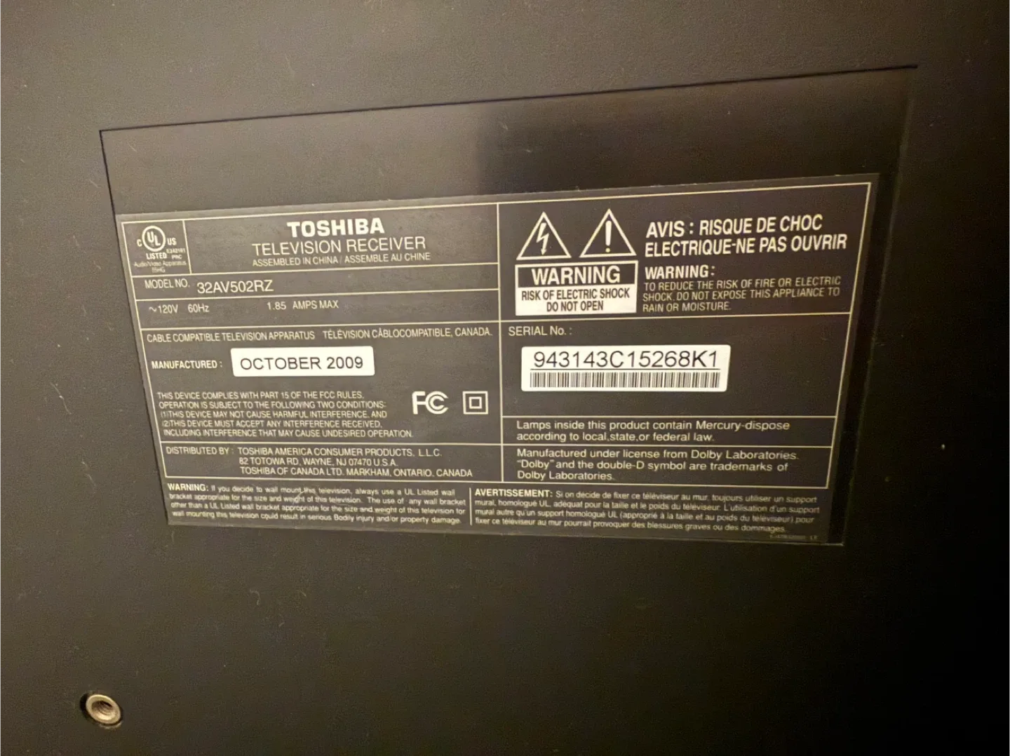 Toshiba 32AV502RZ Television Receiver image indicator(3)