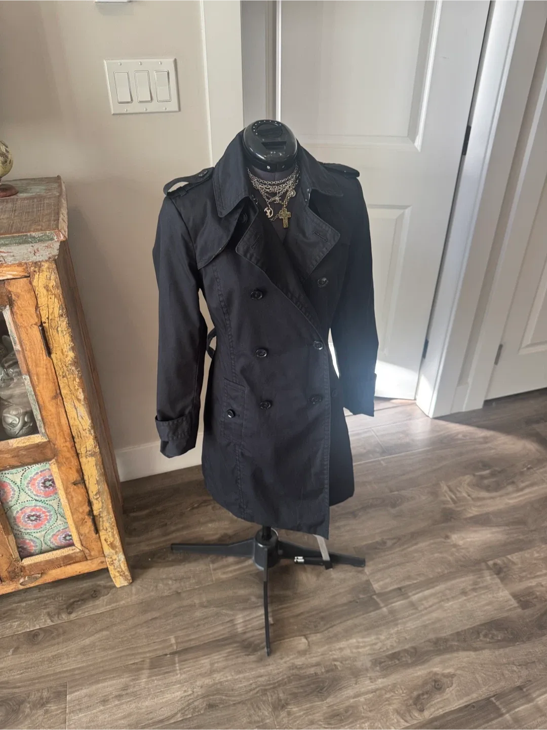 Banana republic black trench coat sz xs image indicator(6)