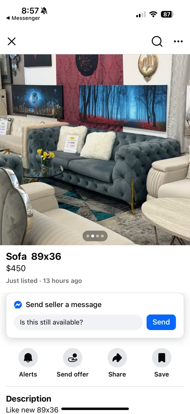 Blue Tufted Sofa 89x36