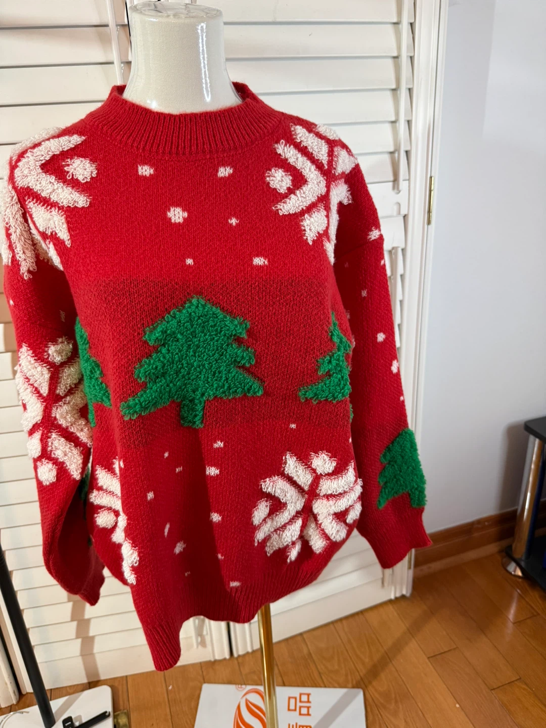 Red Christmas Sweater with Tree & Snowflake Design