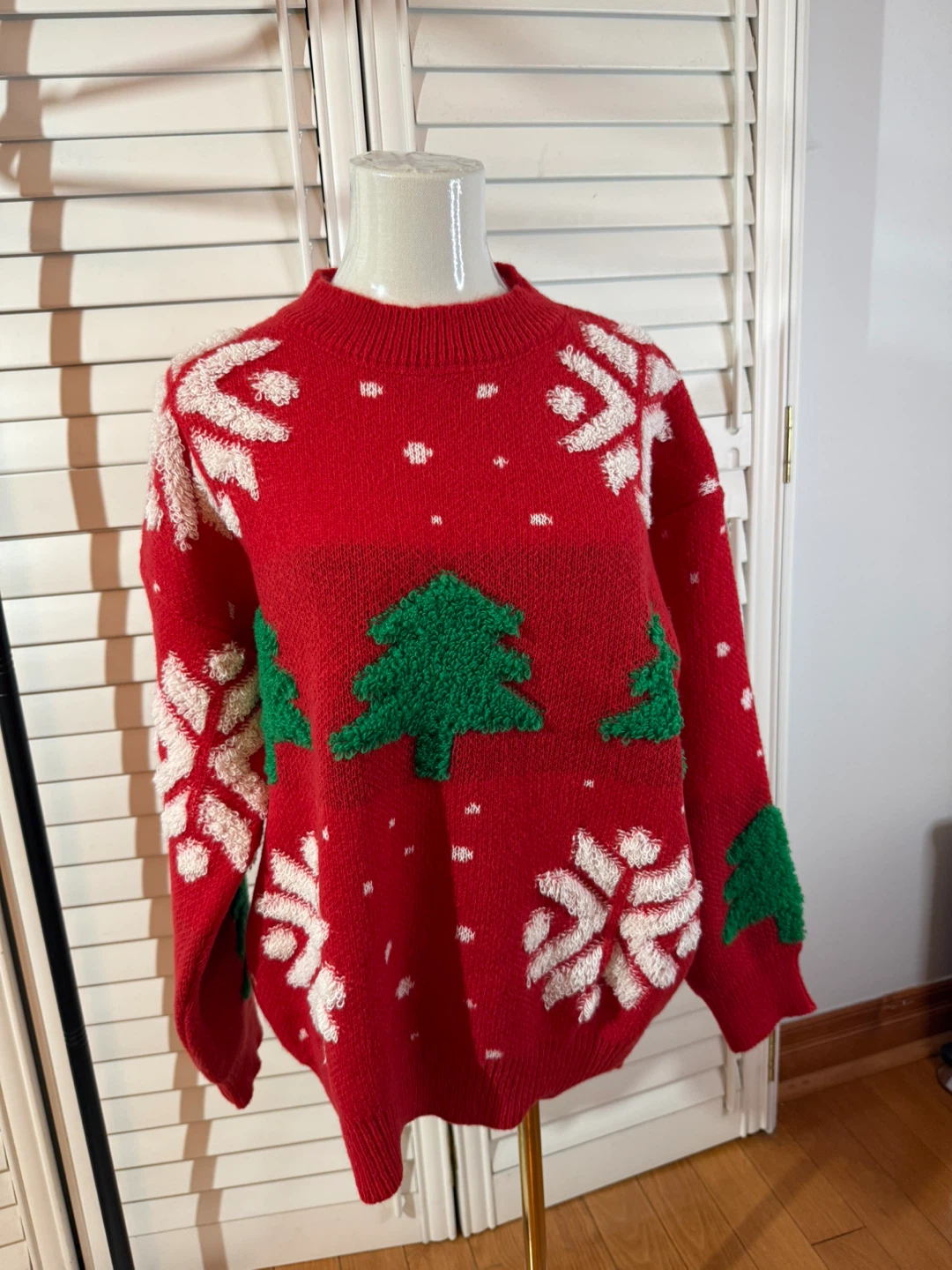 Red Christmas Sweater with Tree & Snowflake Design - photo 3