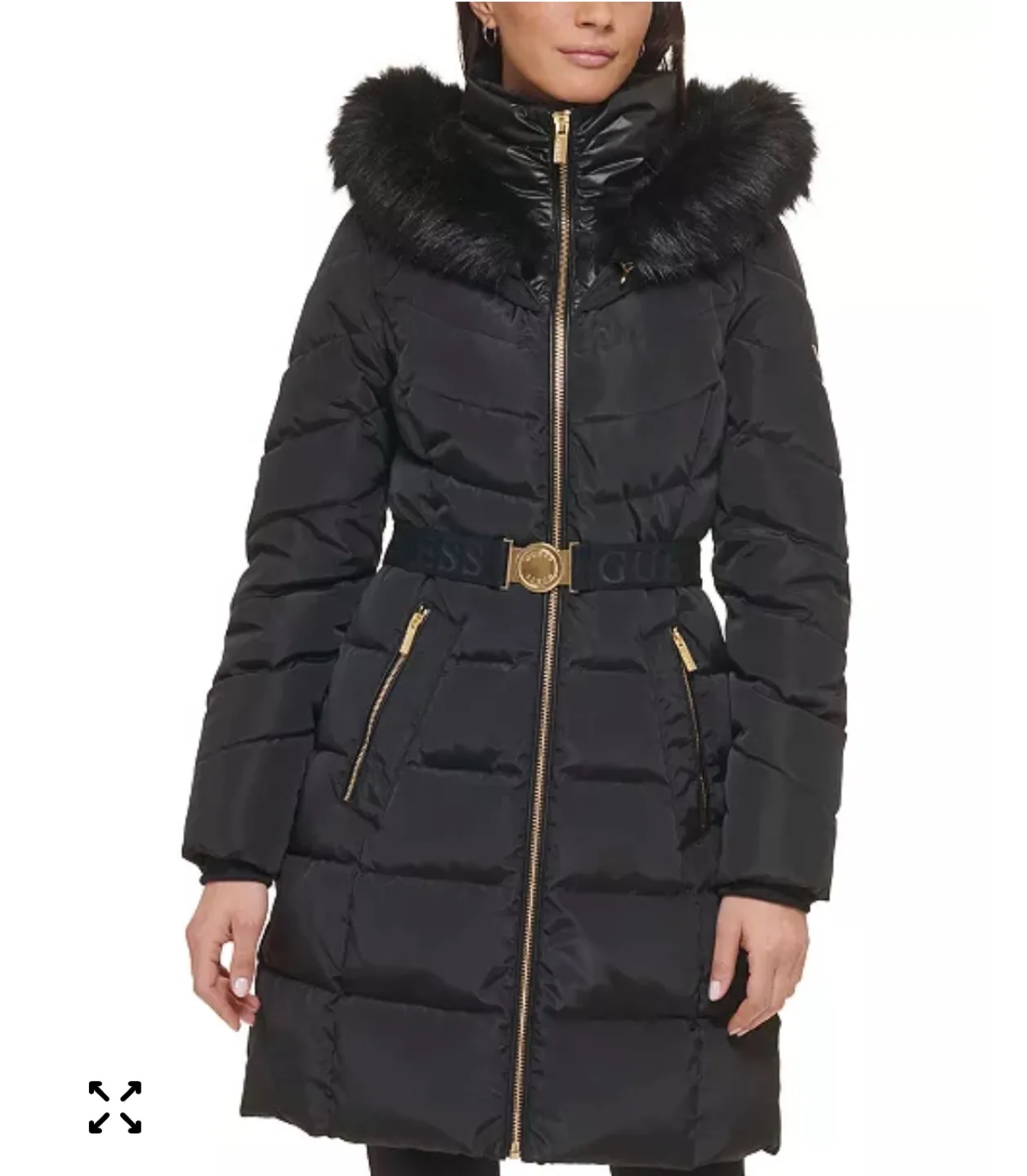 GUESS Women's Belted Faux-Fur-Collar Hooded Puffer Coat