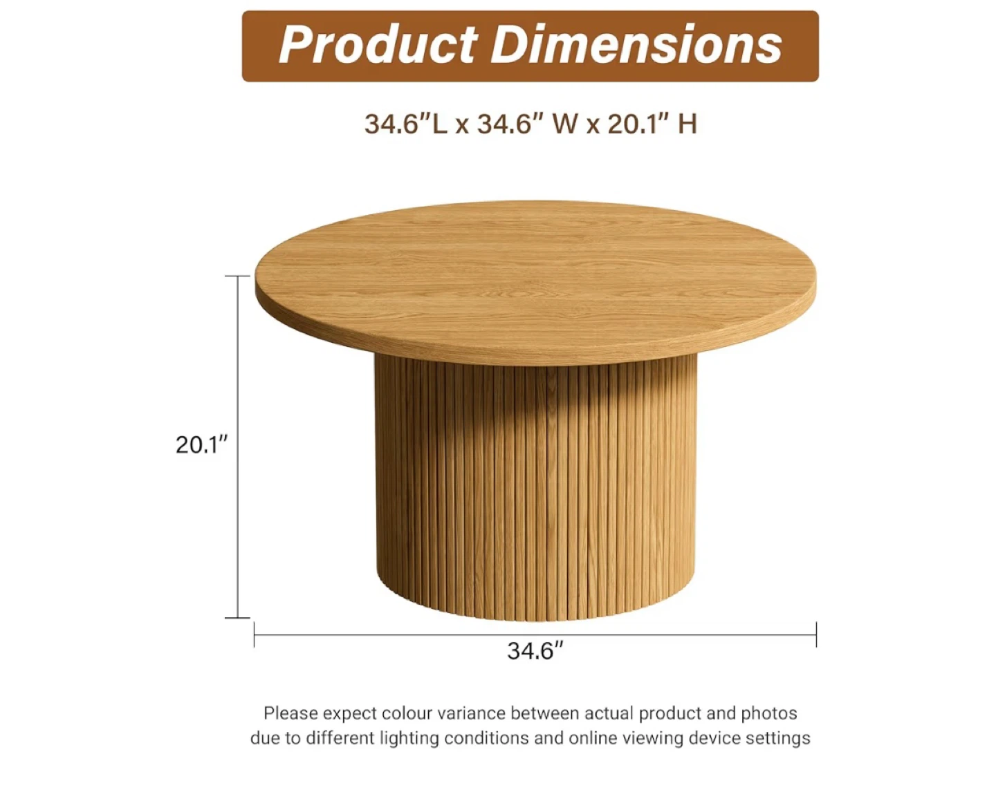 Round Wood Coffee Table - 34.6" x 34.6" x 20.1" - photo 2