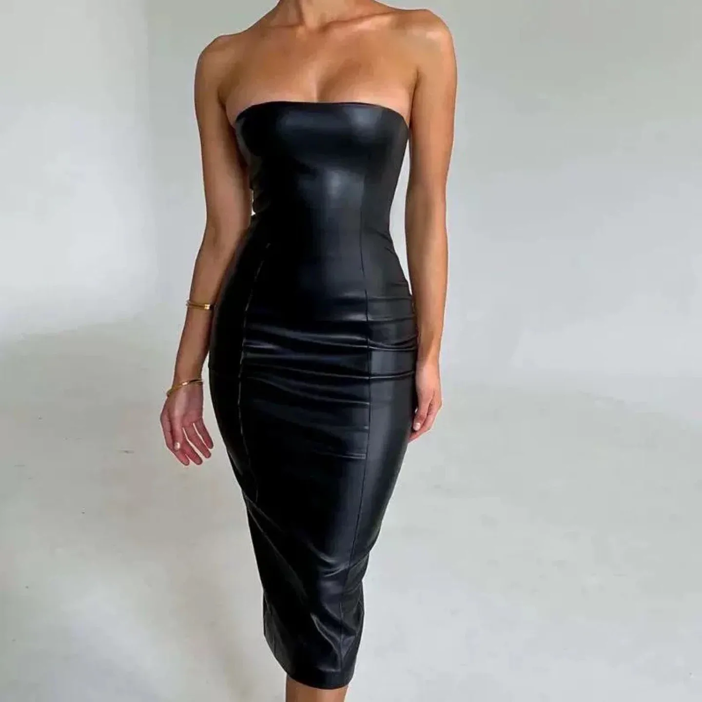Black Strapless Faux Leather Midi Dress image indicator(2)