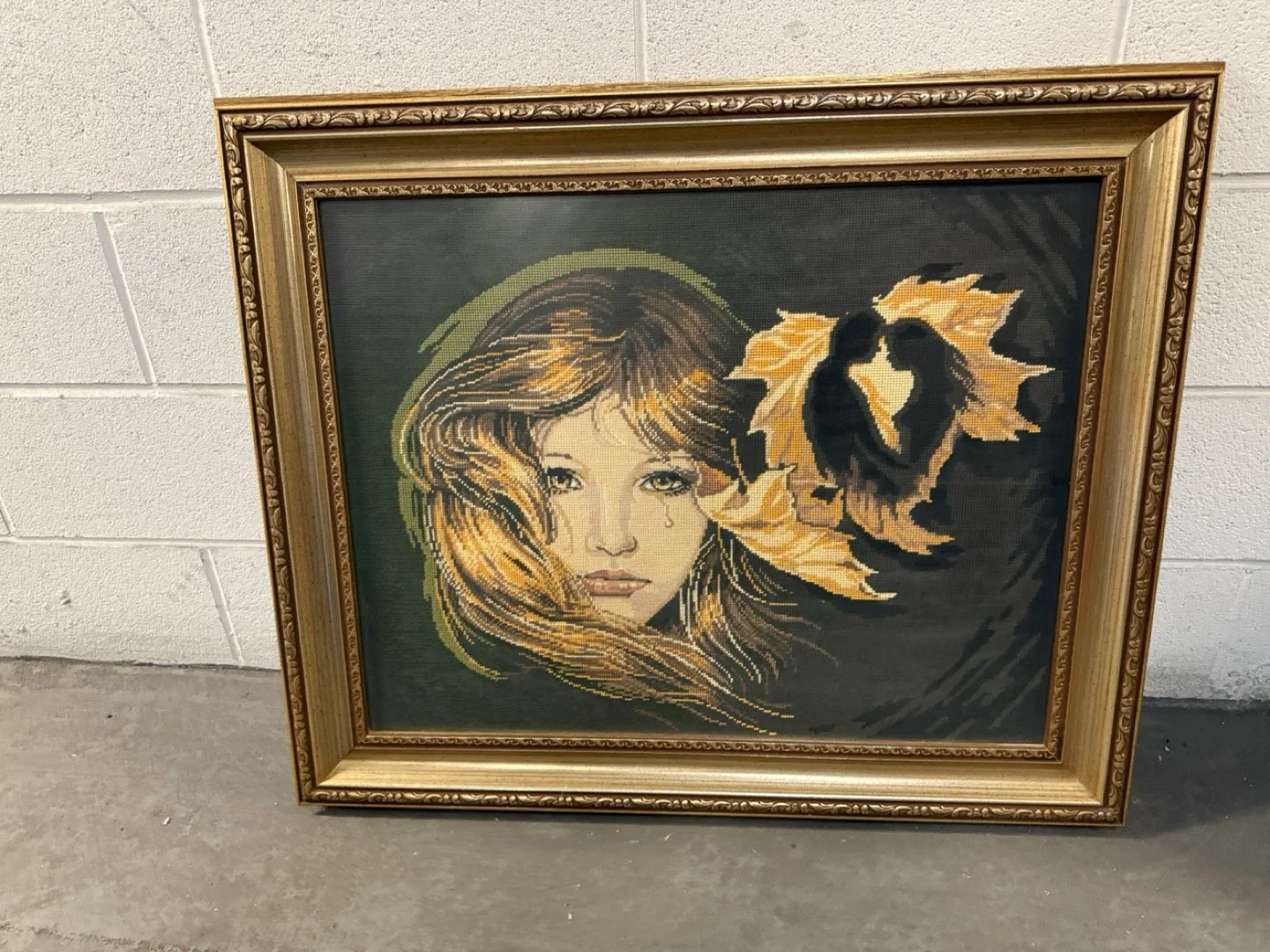 Vintage needlepoint collectible. Solid gold wooden frame. 36x30