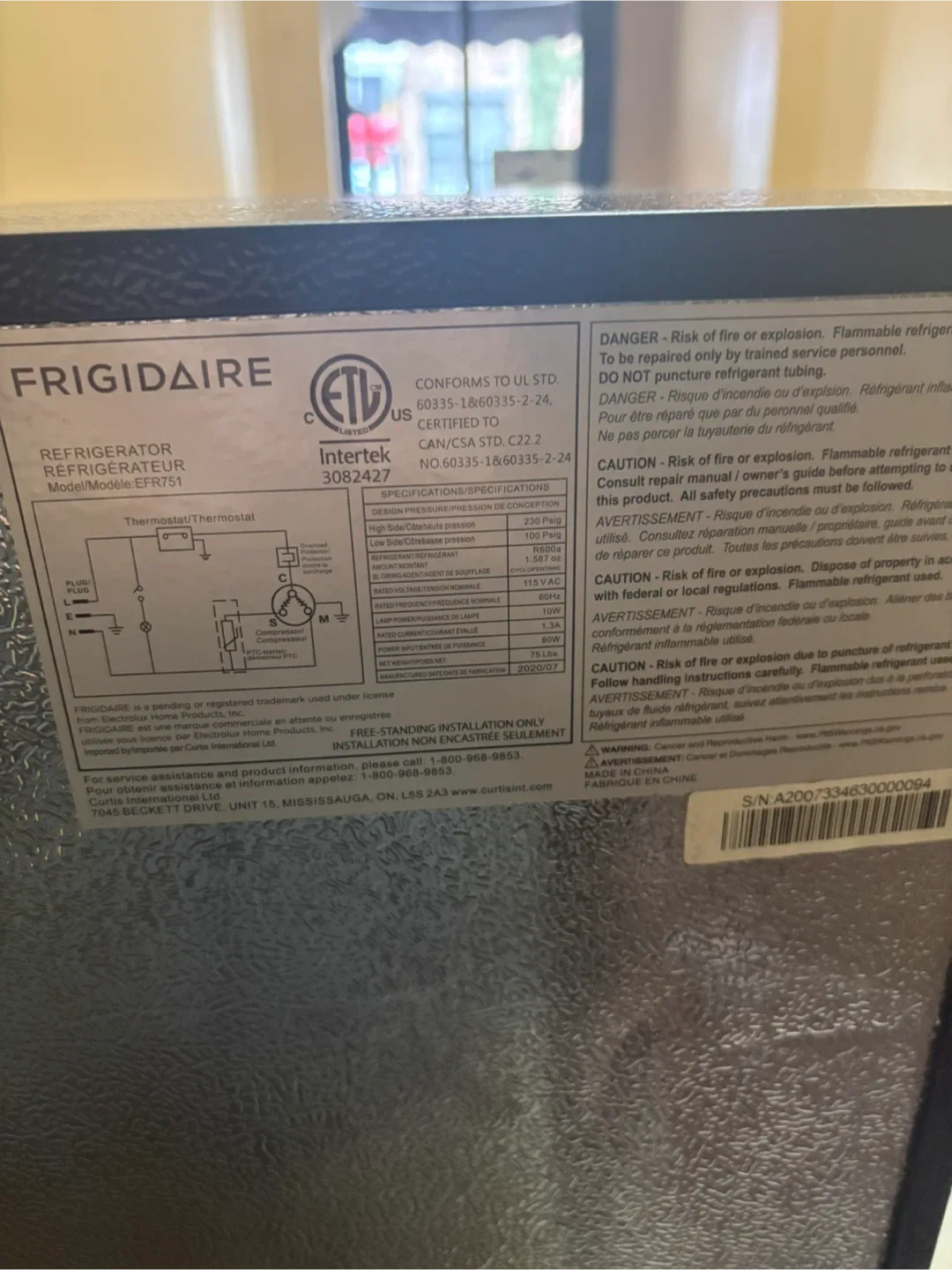 Frigidaire Refrigerator Model EFR751 image indicator(2)
