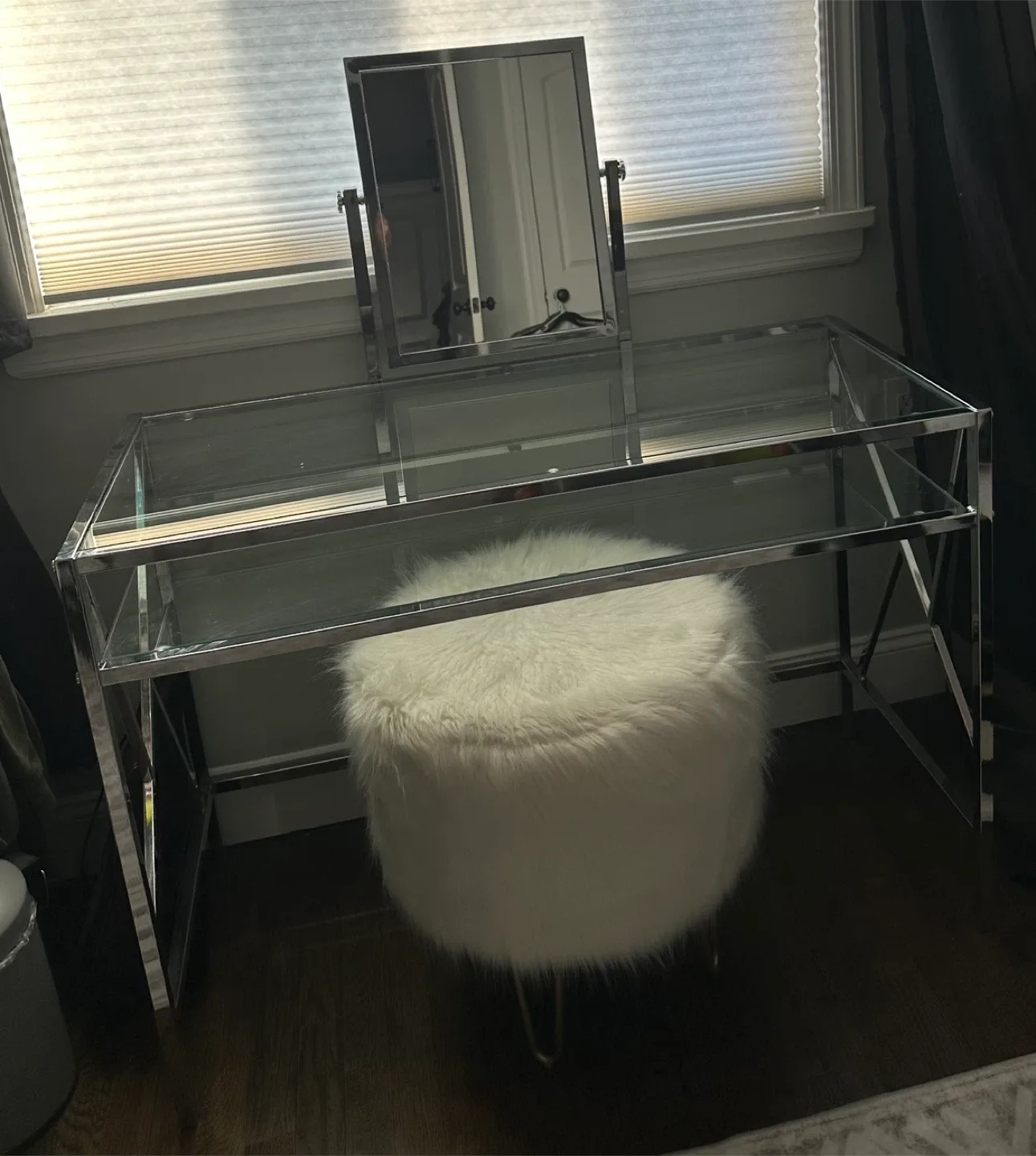 Glass Vanity Desk with Mirror & Furry Stool