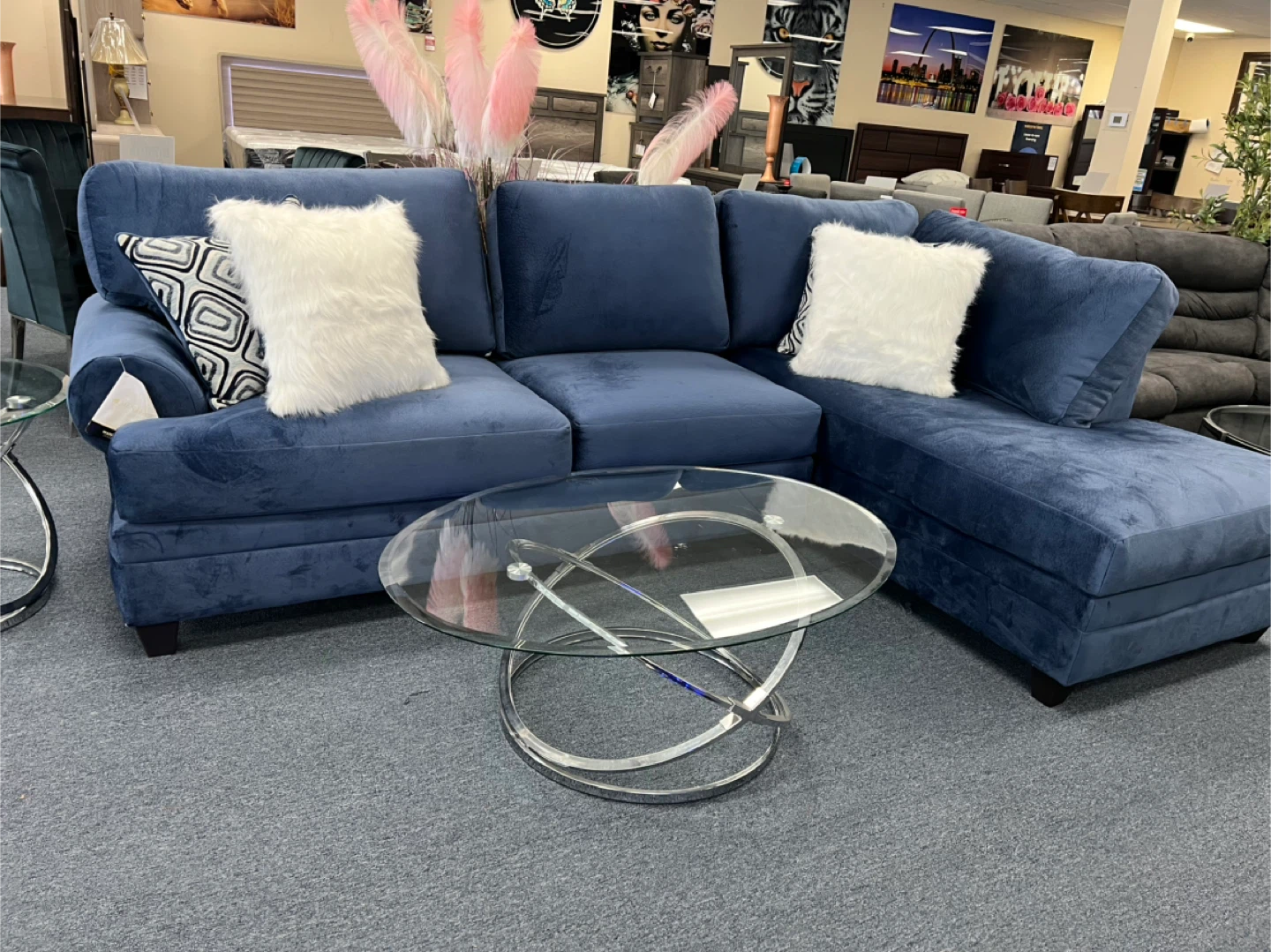 Blue Velvet Sectional Sofa with Glass Coffee Table