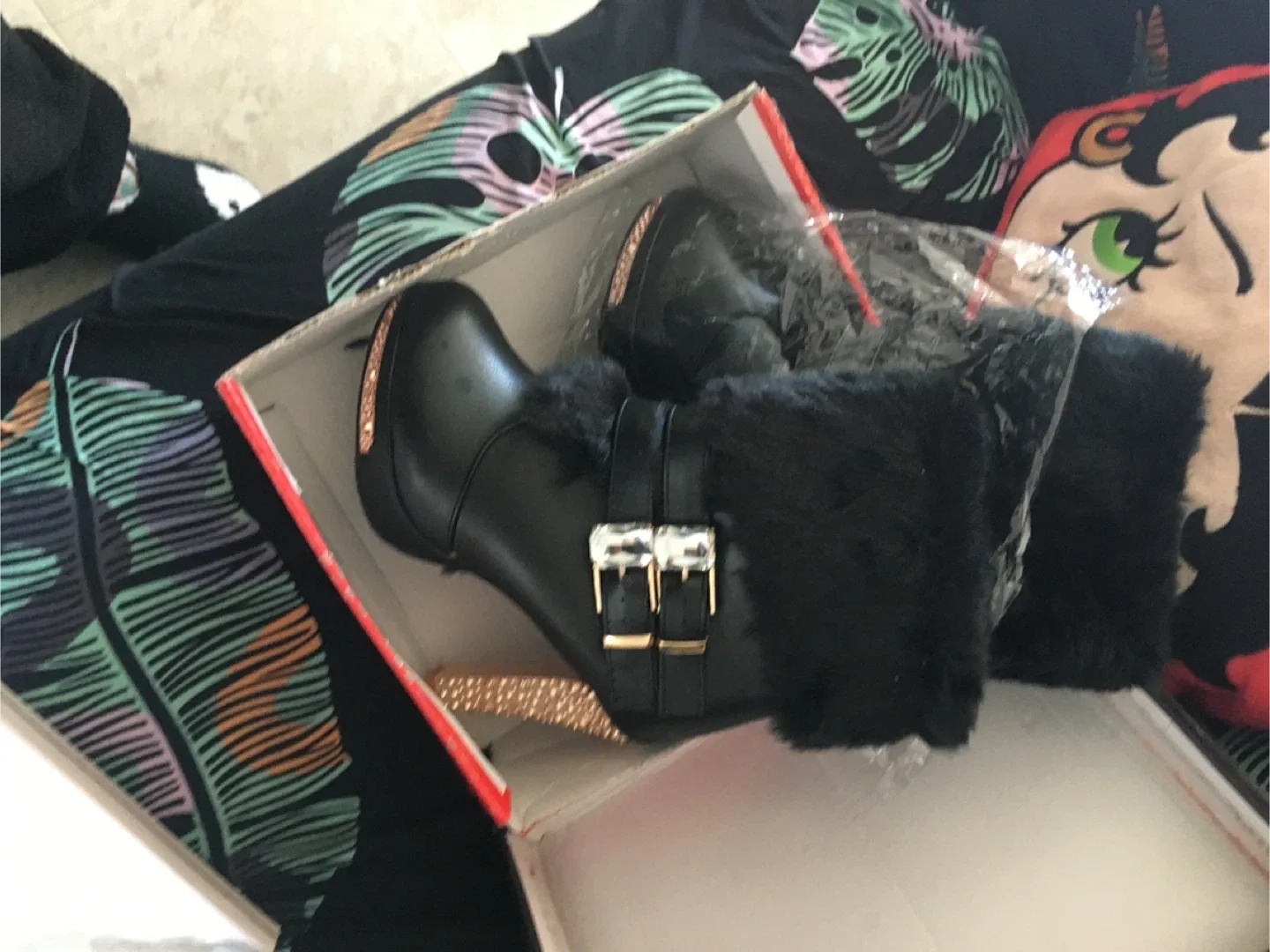 Black Fur Trim Heel Boots image indicator(2)