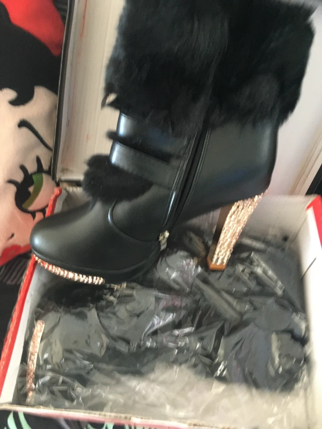 Black Fur Trim Heel Boots image indicator(4)