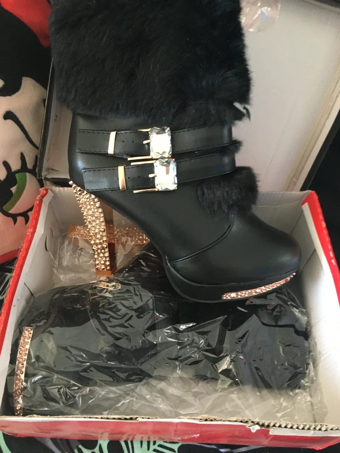 Black Fur Trim Heel Boots