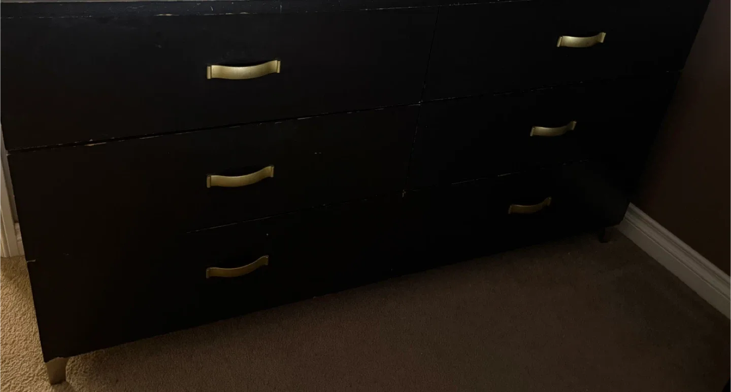 Black and Gold Dresser and framed mirror.