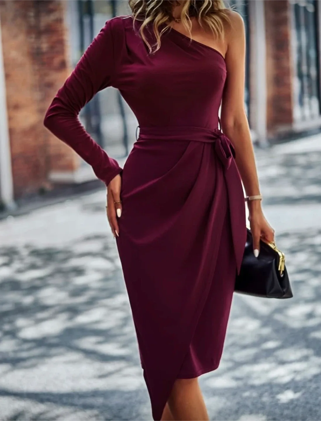Large Sexy red Christmas Burgundy One shoulder long sleeve Dress image indicator(4)