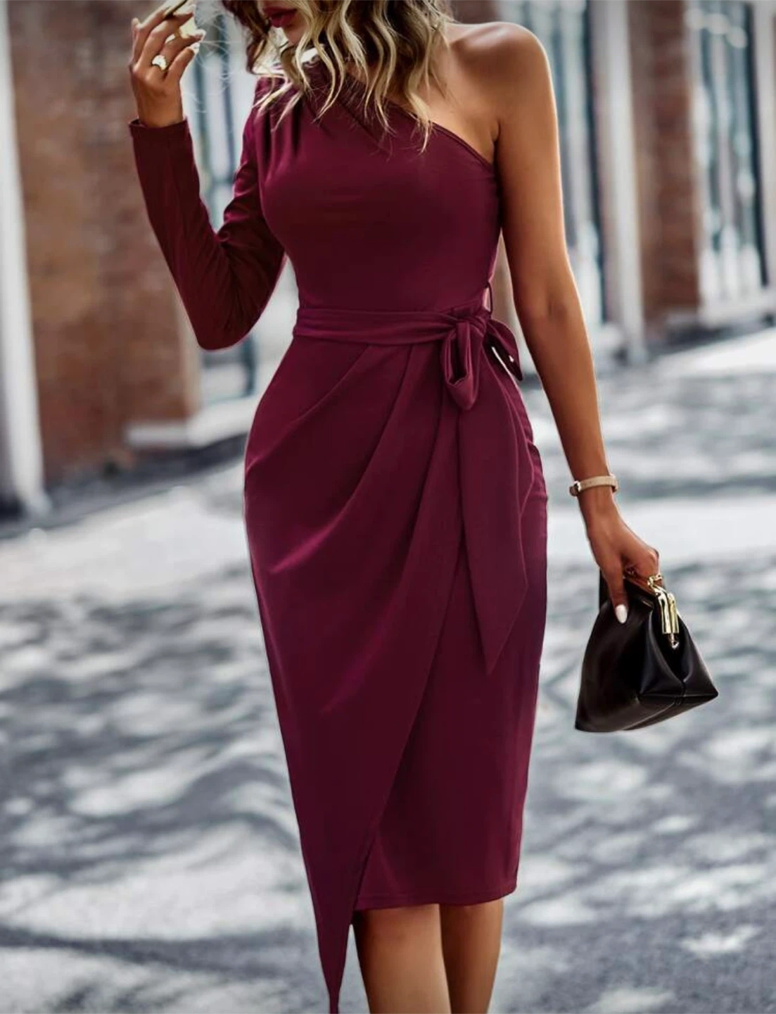 Large Sexy red Christmas Burgundy One shoulder long sleeve Dress - photo 3
