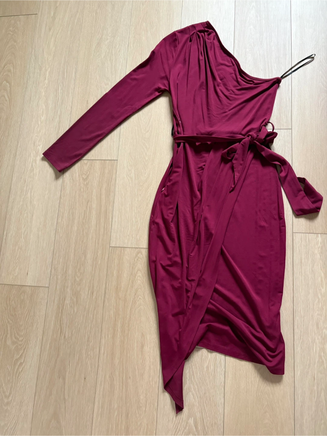 Large Sexy red Christmas Burgundy One shoulder long sleeve Dress - photo 5