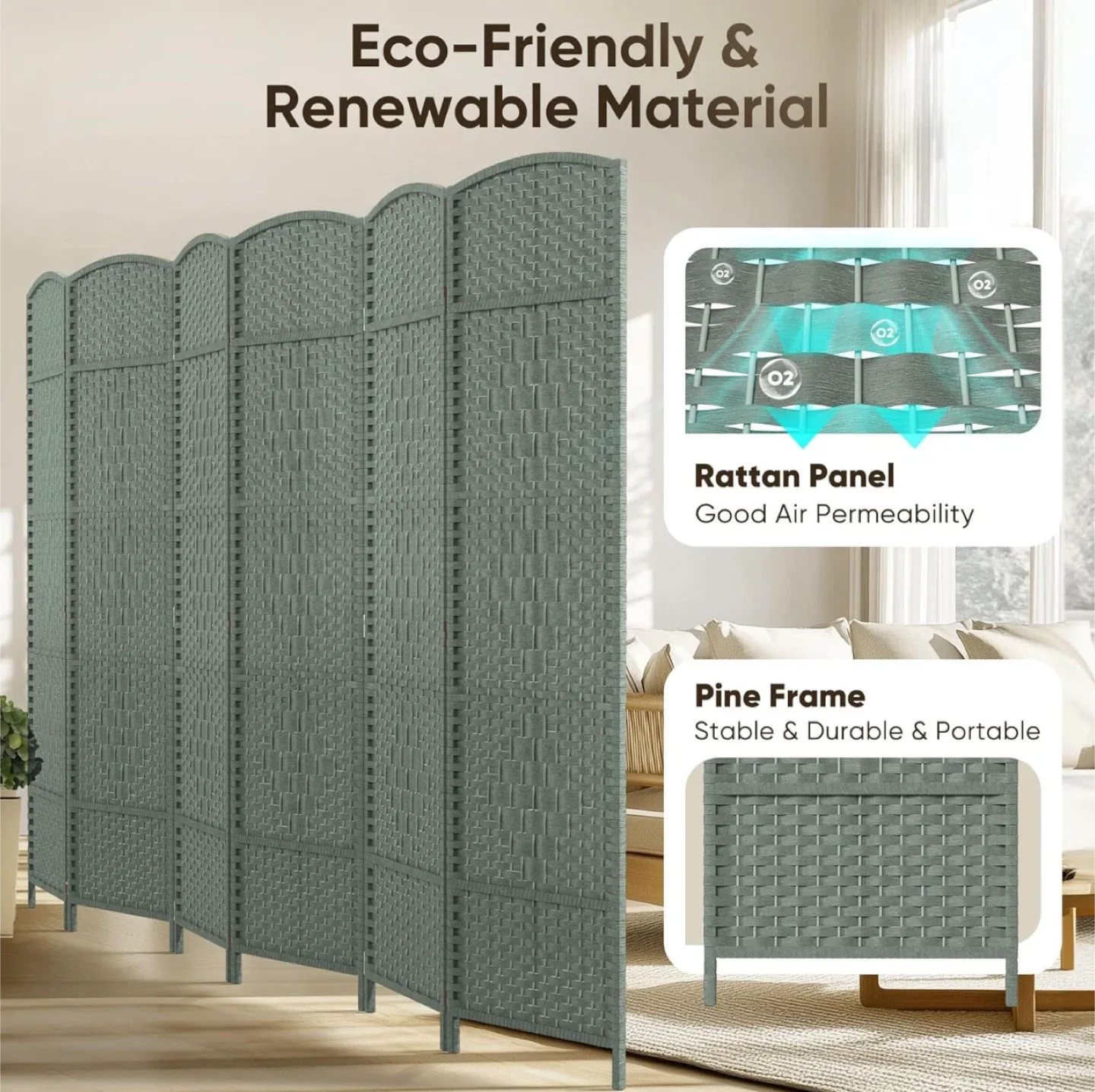 Rattan Room Divider - 6 Panel - Gray - New in Box image indicator(3)