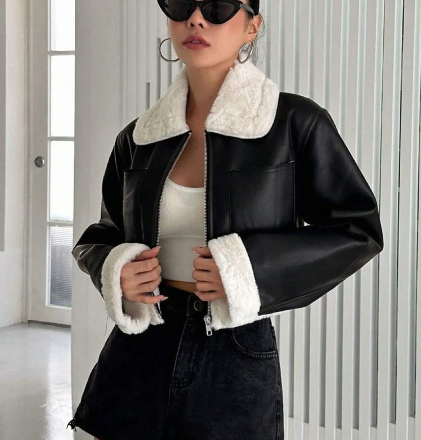 Black Leather Shearling Cropped Jacket