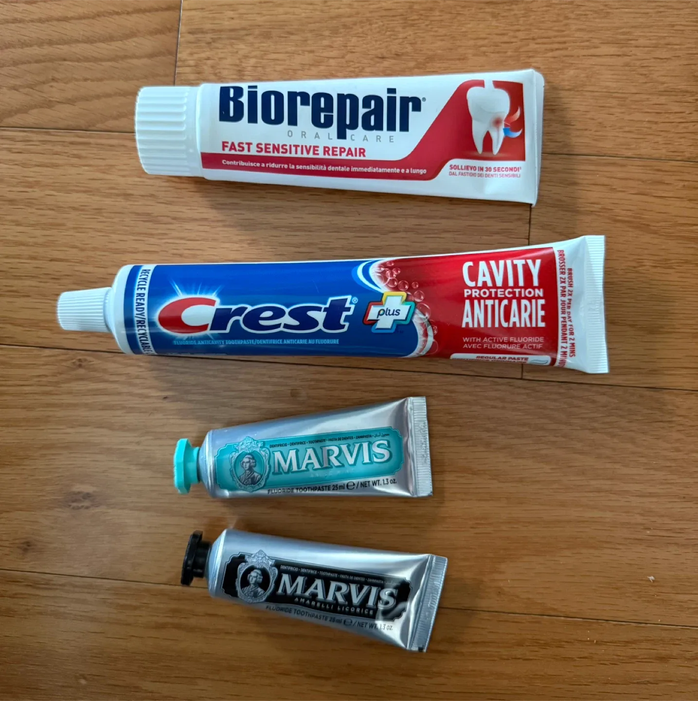 Variety of Toothpaste: Biorepair, Crest, Marvis