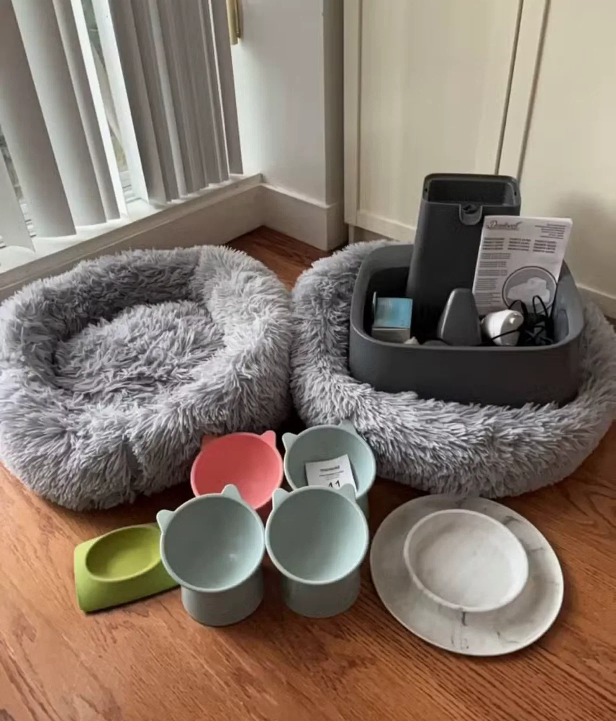 Pet Bowls, Bed & Water Fountain