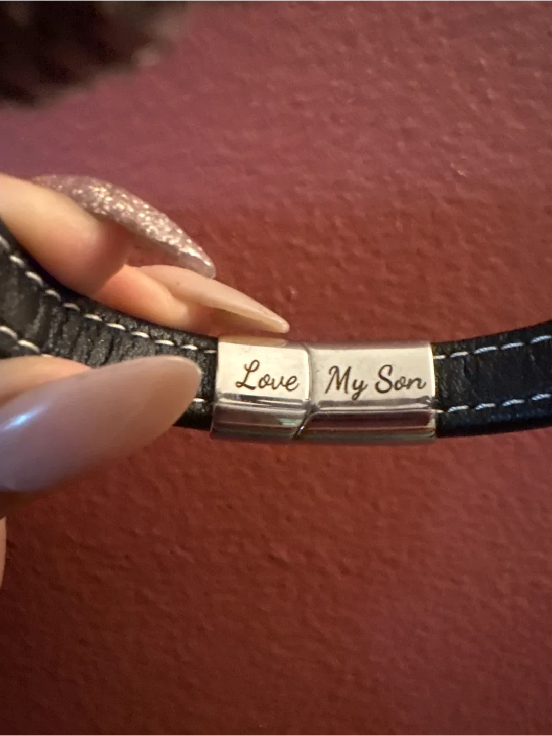 New Love My Son silver & Black Leather Bracelet image indicator(2)