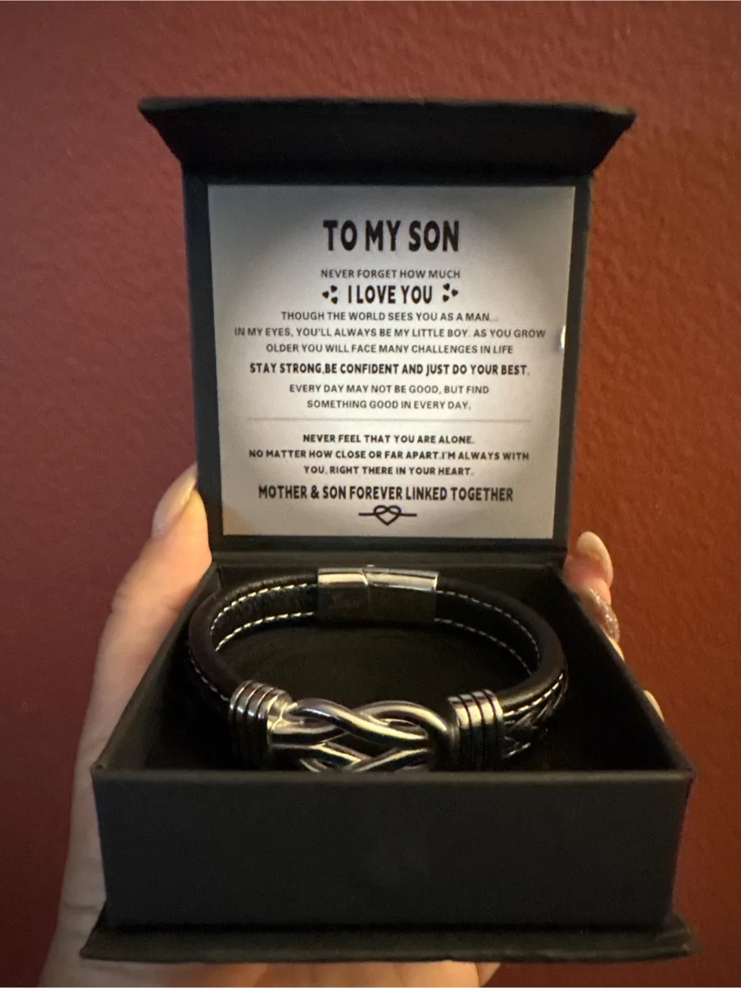 New Love My Son silver & Black Leather Bracelet