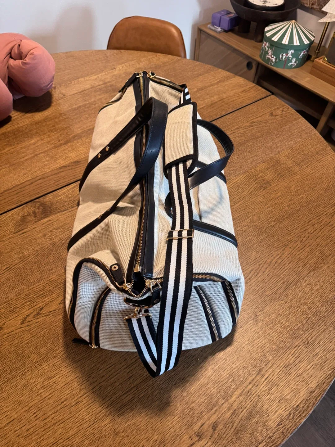 Brand New Beige & Black Garment Duffel Bag