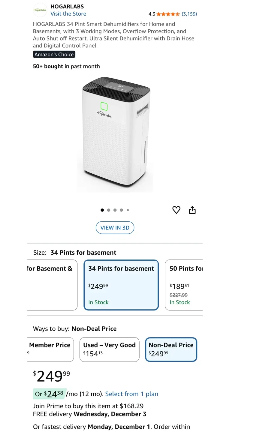 HOGARLABS 34 Pint Smart Dehumidifier - Brand New